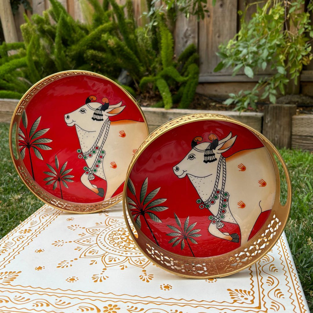 Pichwai Cow Metal Trays - 8 Inches, 10 Inches, or Set of 2