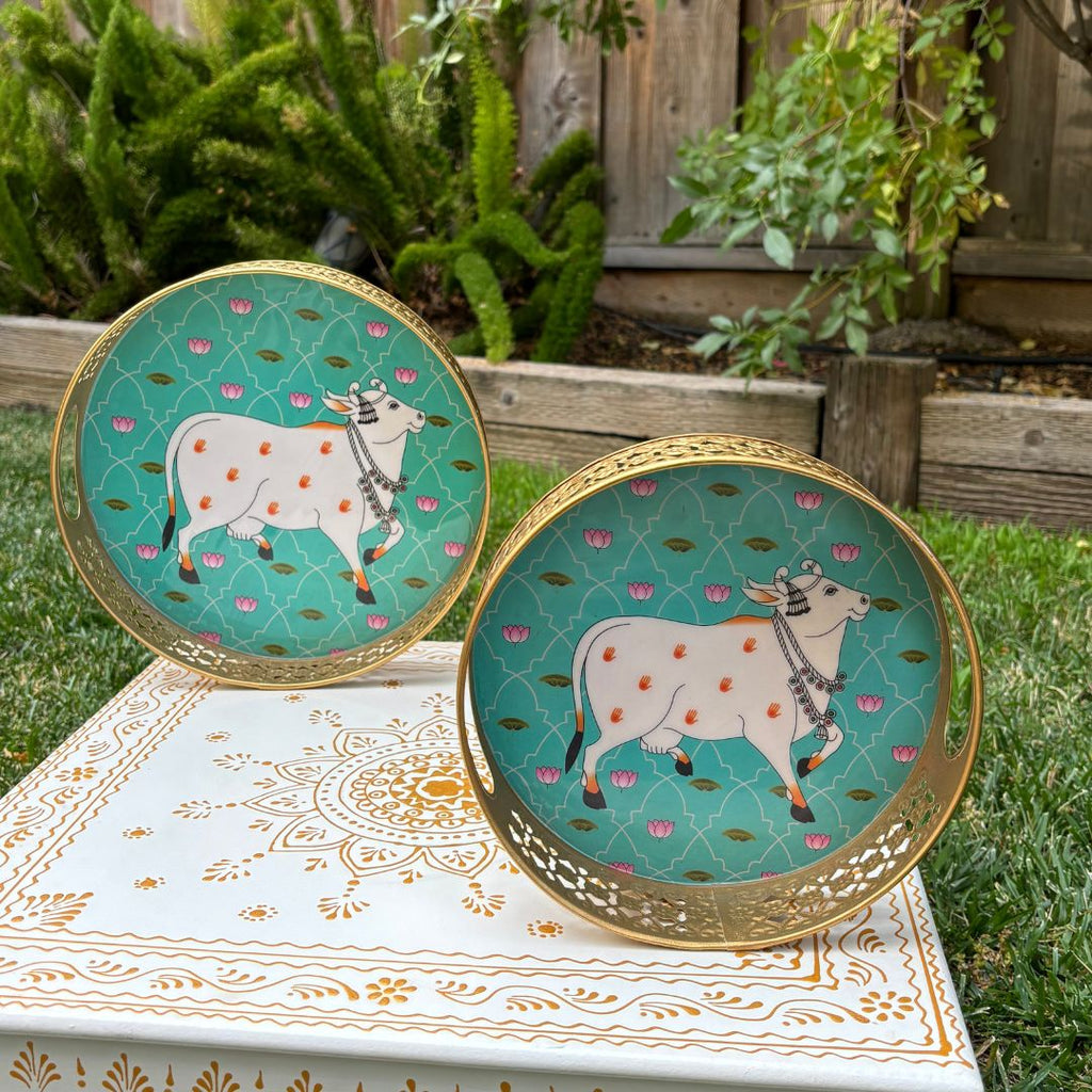 Pichwai Cow Metal Trays - 8 Inches, 10 Inches, or Set of 2