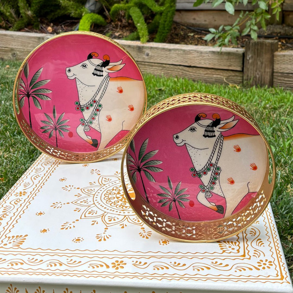 Pichwai Cow Metal Trays - 8 Inches, 10 Inches, or Set of 2