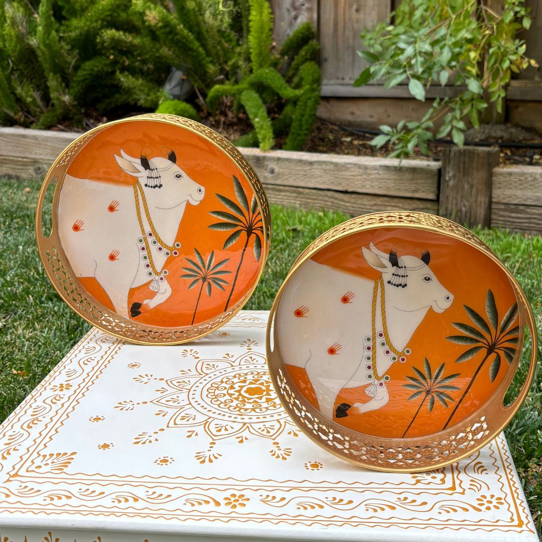 Pichwai Cow Metal Trays - 8 Inches, 10 Inches, or Set of 2