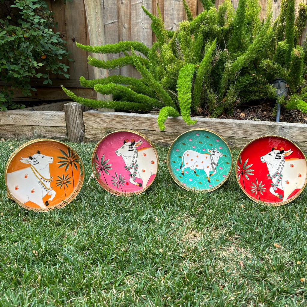 Pichwai Cow Metal Trays - 8 Inches, 10 Inches, or Set of 2