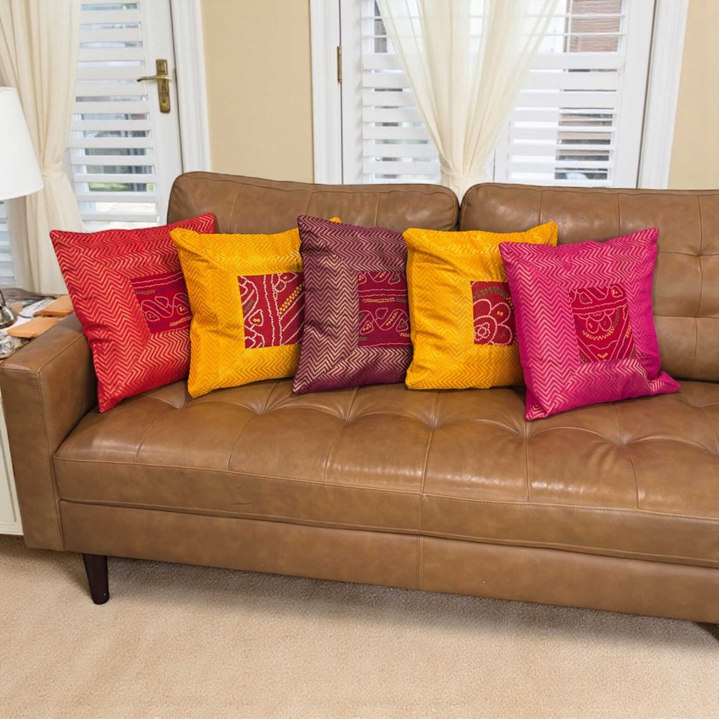 Bandhani Cushion Covers - Set of 5, 16x16 Silk Pillow Covers