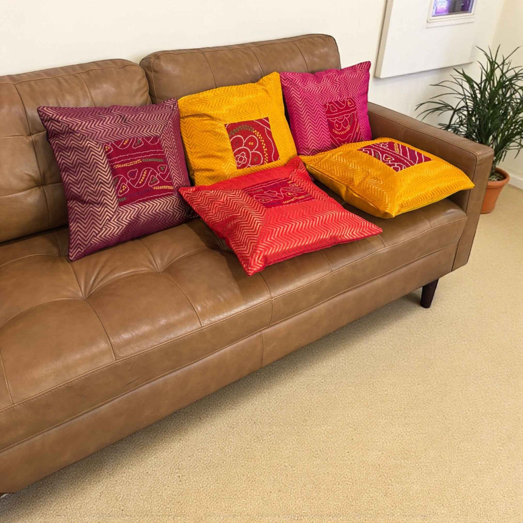 Bandhani Cushion Covers - Set of 5, 16x16 Silk Pillow Covers