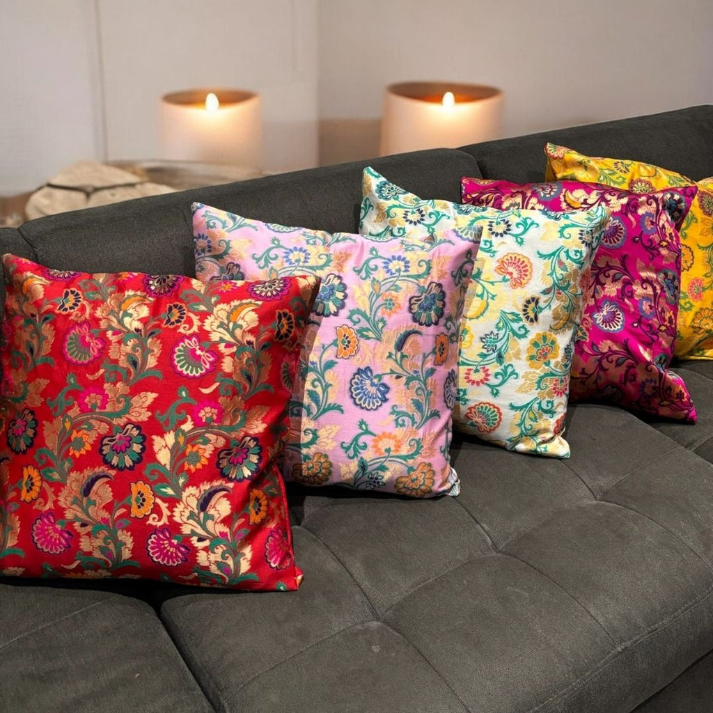 Banarasi Floral Cushion Covers - Set of 5 Silk Blend, 16x16