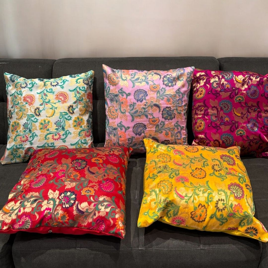 Banarasi Floral Cushion Covers - Set of 5 Silk Blend, 16x16