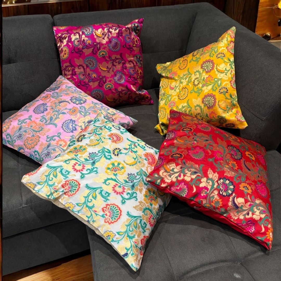 Banarasi Floral Cushion Covers - Set of 5 Silk Blend, 16x16