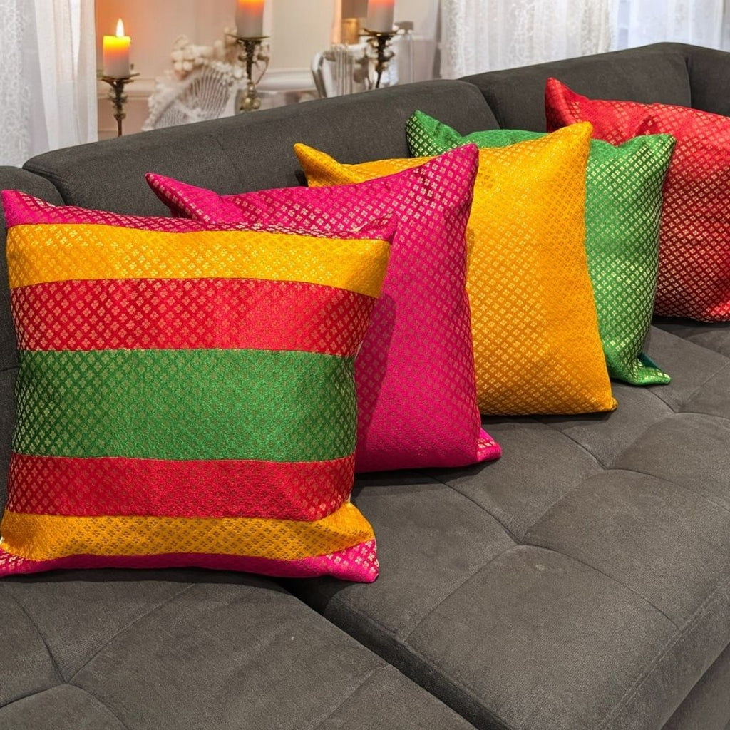 Silk Brocade Cushion Covers - Set of 5, 16x16 Indian Pillow Covers