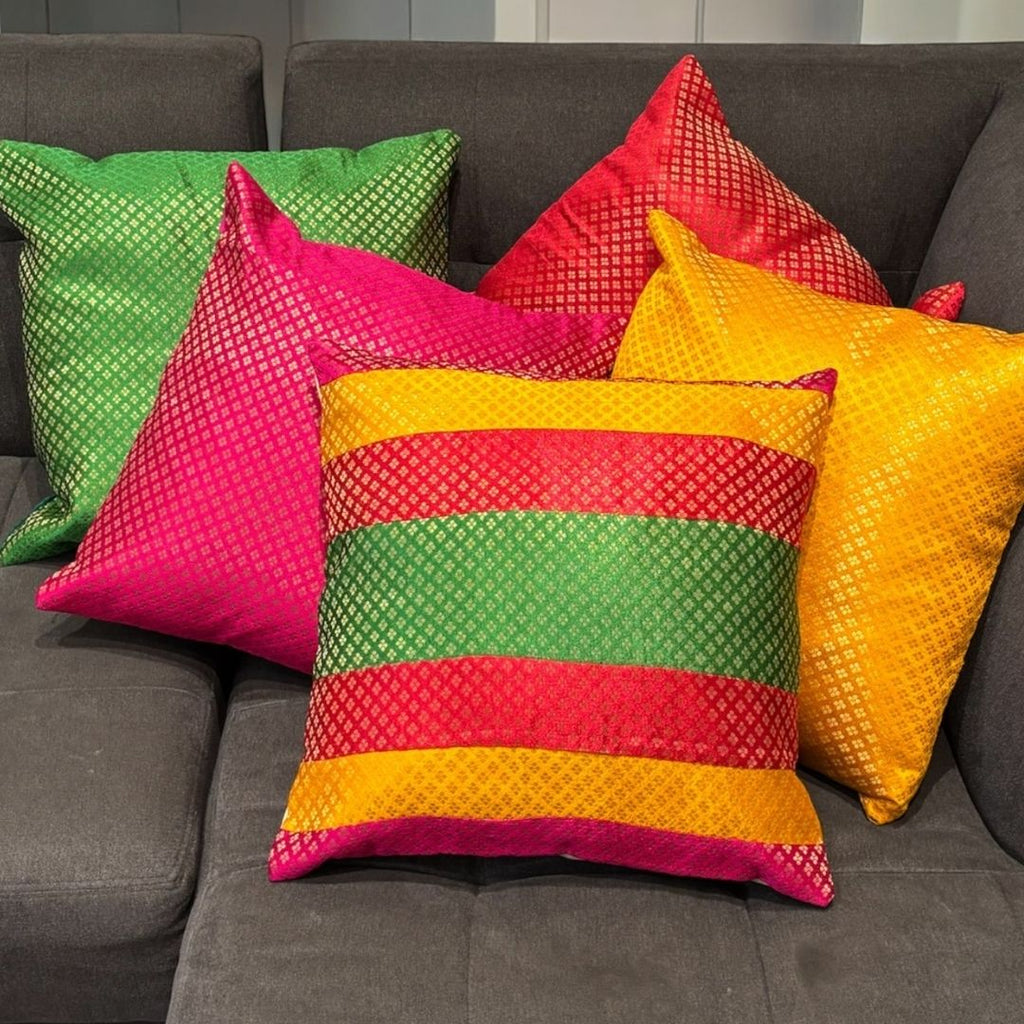 Silk Brocade Cushion Covers - Set of 5, 16x16 Indian Pillow Covers