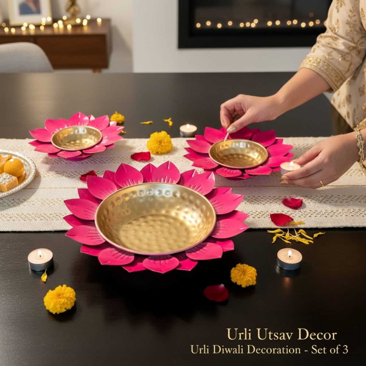 Sunflower Urli Bowls – Set of 3 Pink Petal Rim Urlis