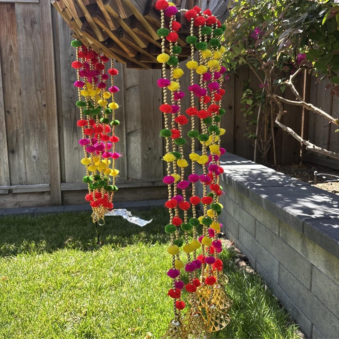 Woolen Pompom Garland Set of 10 - 5FT with Gold Bells