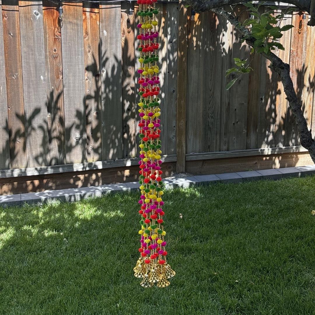 Woolen Pompom Garland Set of 10 - 5FT with Gold Bells