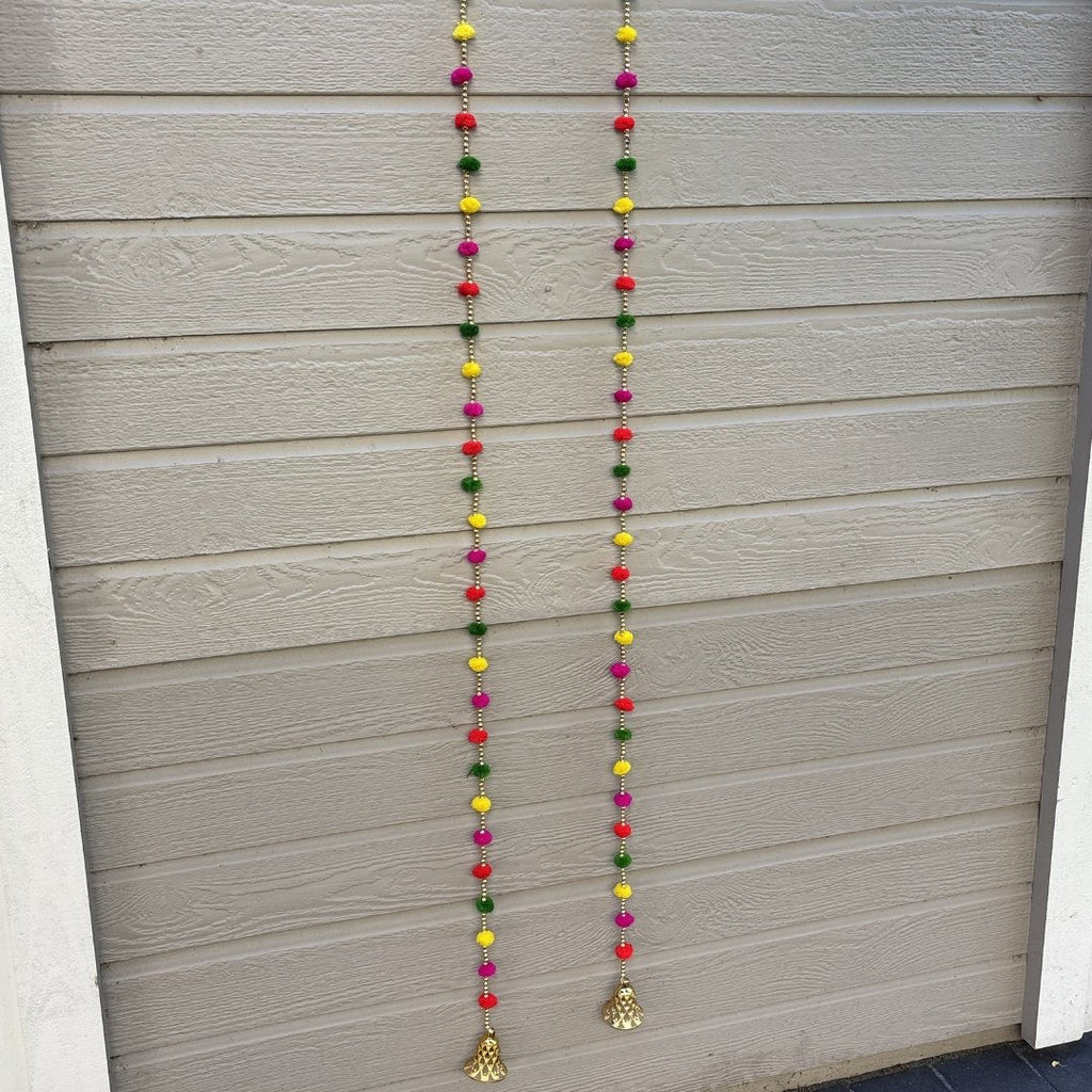 Woolen Pompom Garland Set of 10 - 5FT with Gold Bells