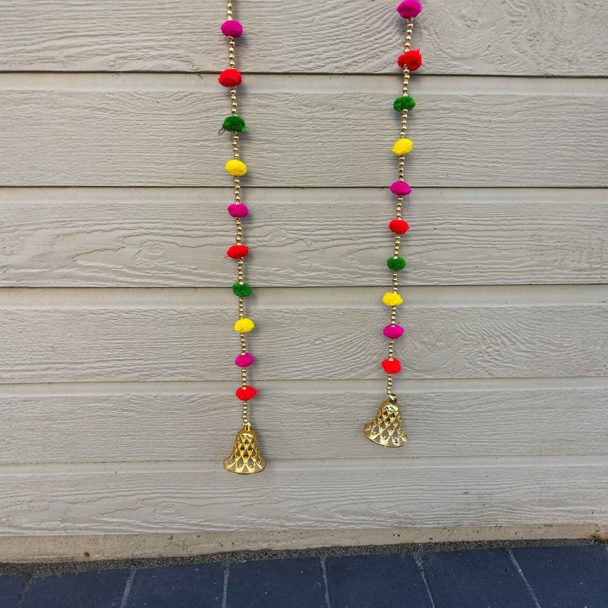 Woolen Pompom Garland Set of 10 - 5FT with Gold Bells