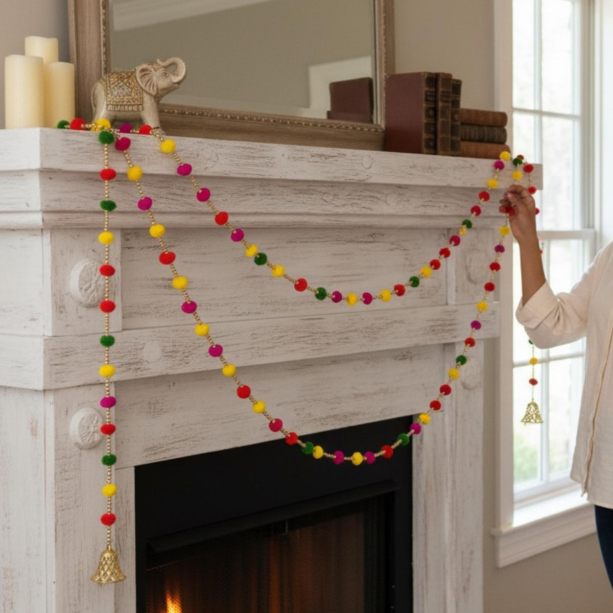 Woolen Pompom Garland Set of 10 - 5FT with Gold Bells