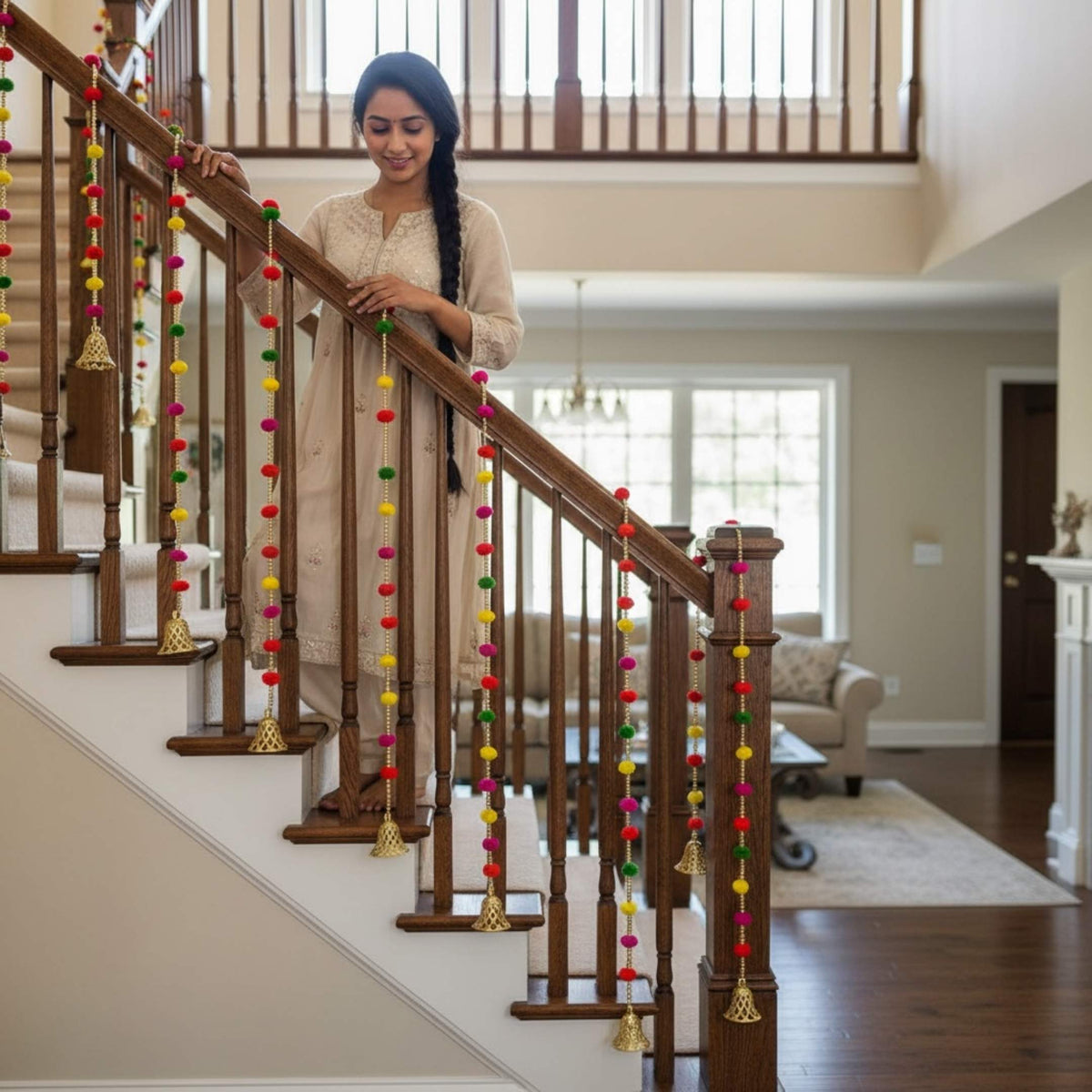 Woolen Pompom Garland Set of 10 - 5FT with Gold Bells