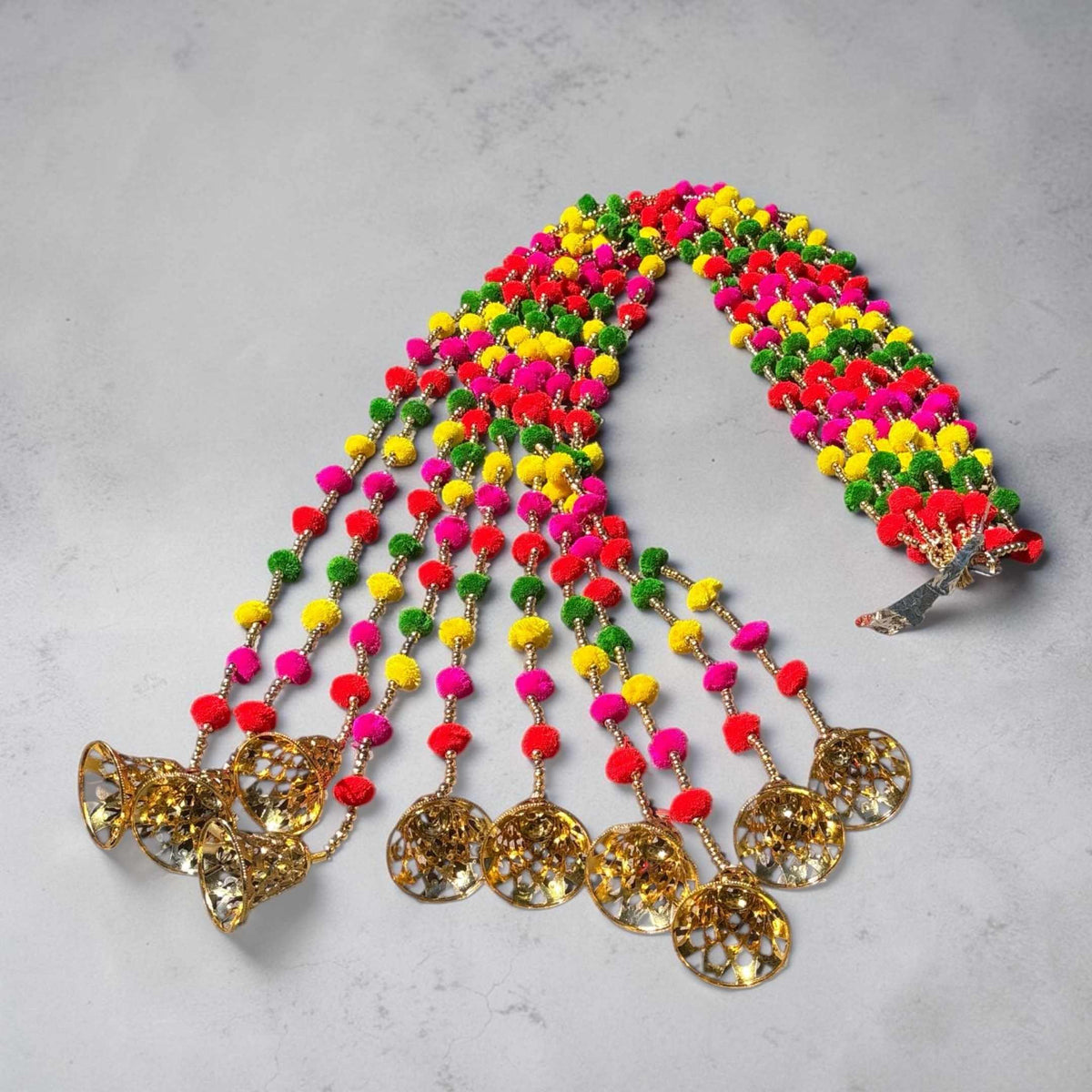 Woolen Pompom Garland Set of 10 - 5FT with Gold Bells