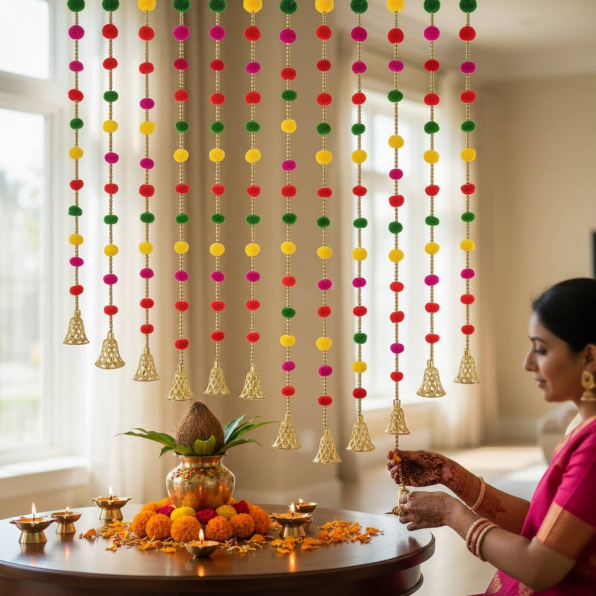 Woolen Pompom Garland Set of 10 - 5FT with Gold Bells