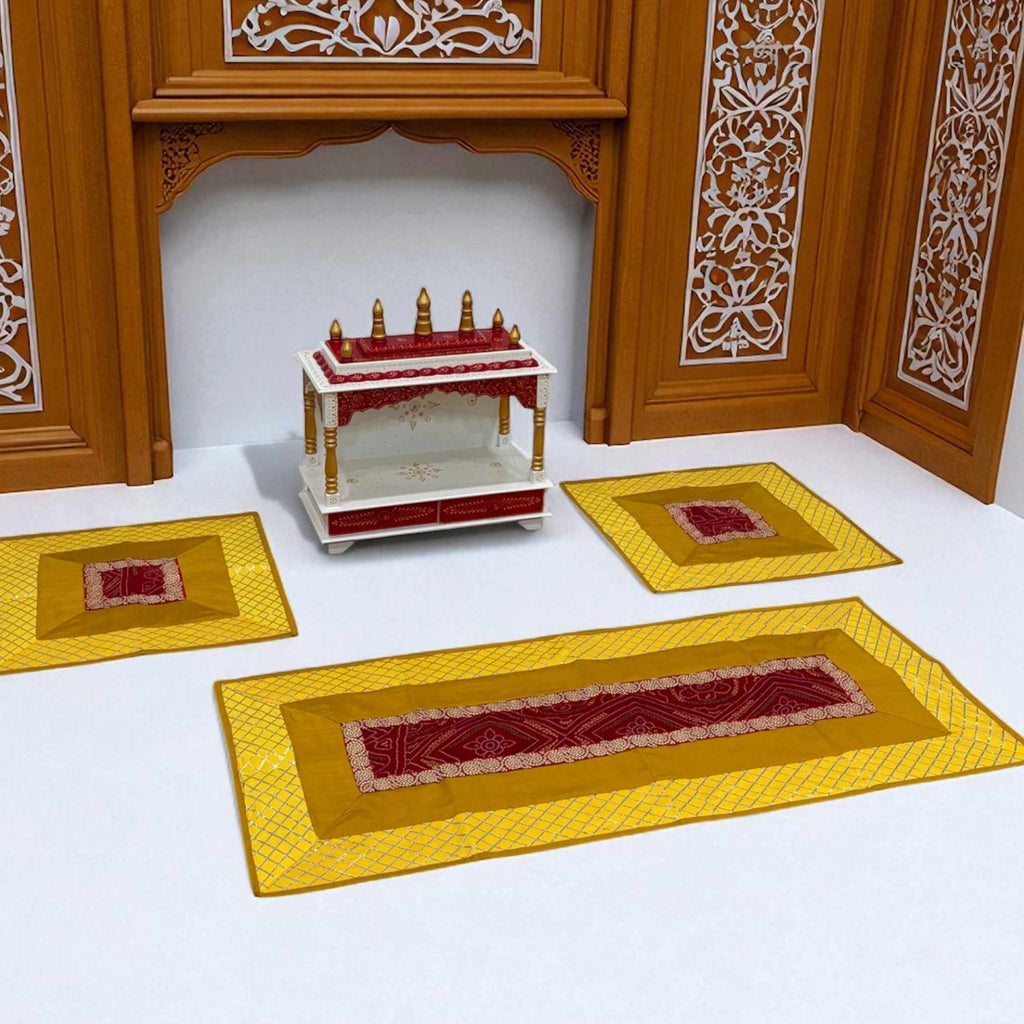 Silk Brocade Pooja Aasan Set - 54x24 Runner & Two 24x24 Mats