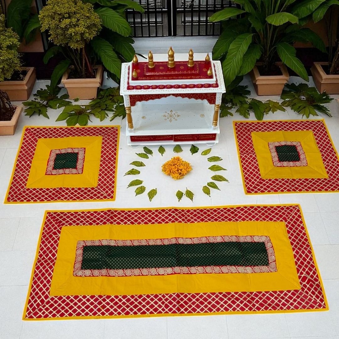 Silk Brocade Pooja Aasan Set - 54x24 Runner & Two 24x24 Mats