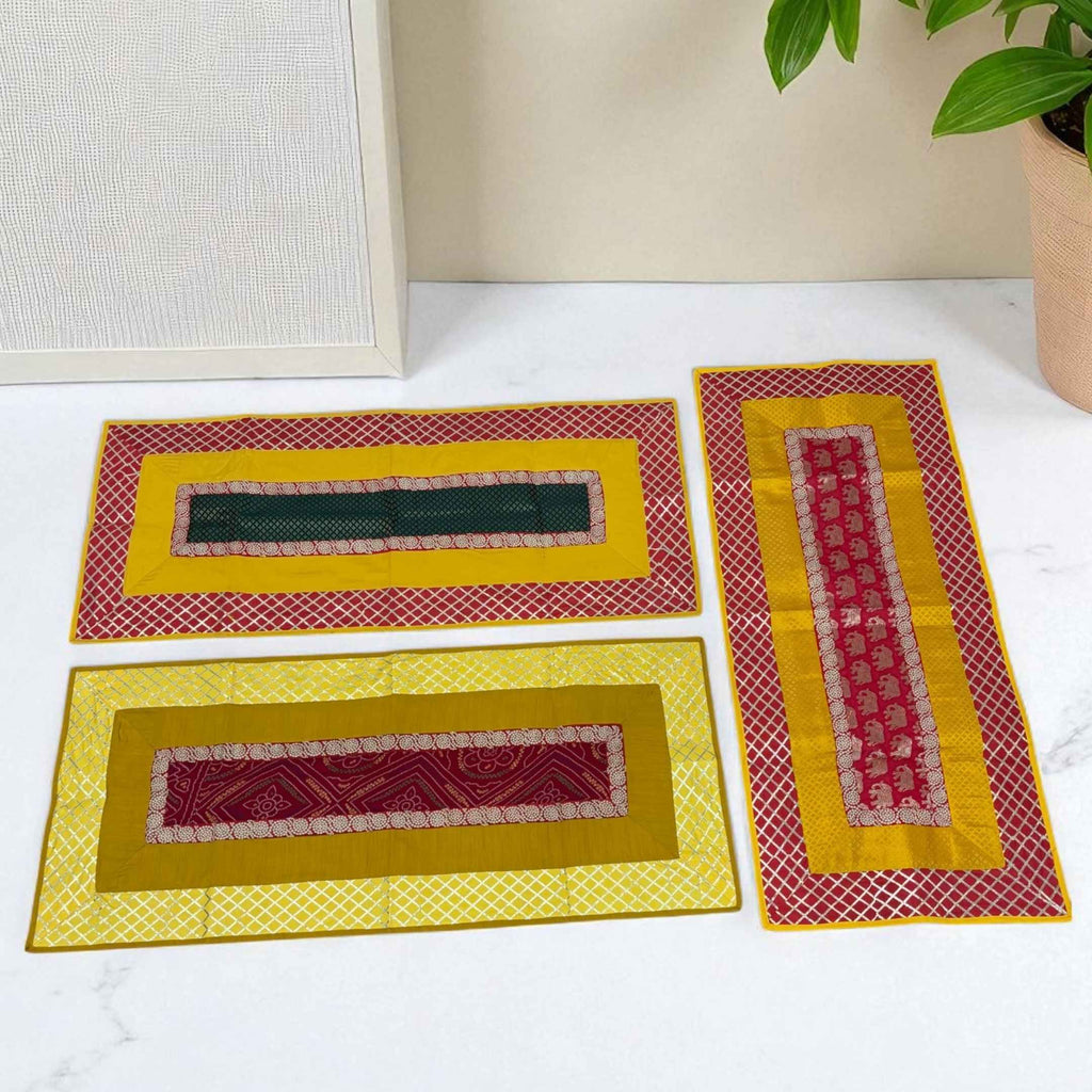 Silk Brocade Pooja Aasan Set - 54x24 Runner & Two 24x24 Mats