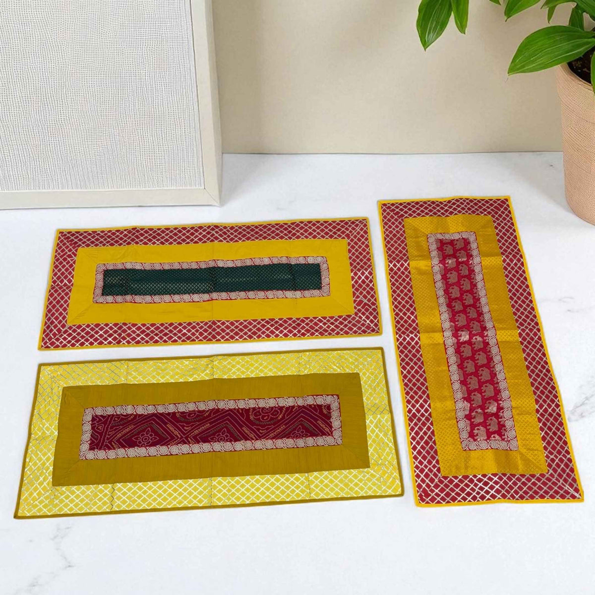 Silk Brocade Pooja Aasan Set - 54x24 Runner & Two 24x24 Mats