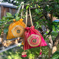 Pearl Potli Bags - Set of 2 Bandhani Pouches with Pearl Straps