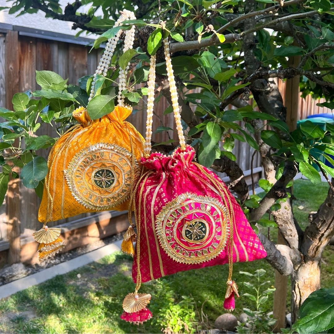 Pearl Potli Bags - Set of 2 Bandhani Pouches with Pearl Straps