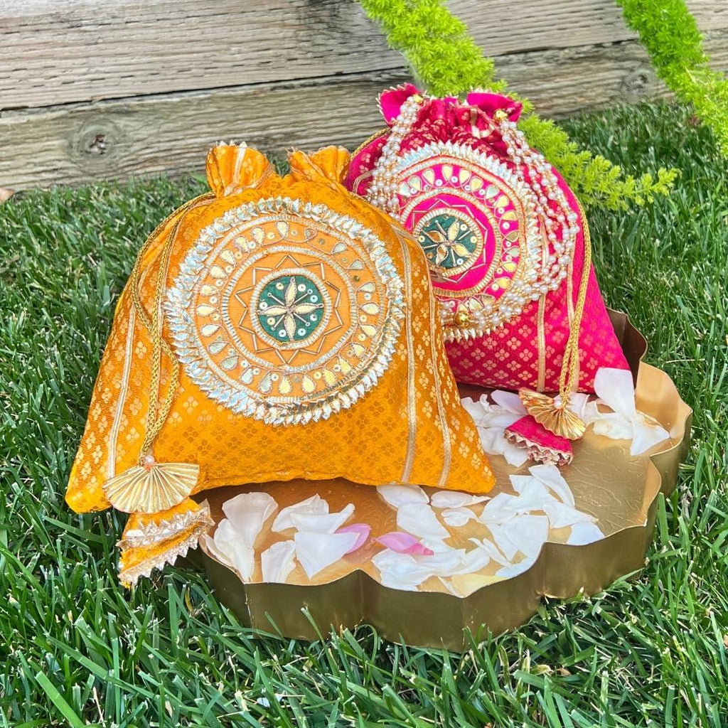 Pearl Potli Bags - Set of 2 Bandhani Pouches with Pearl Straps