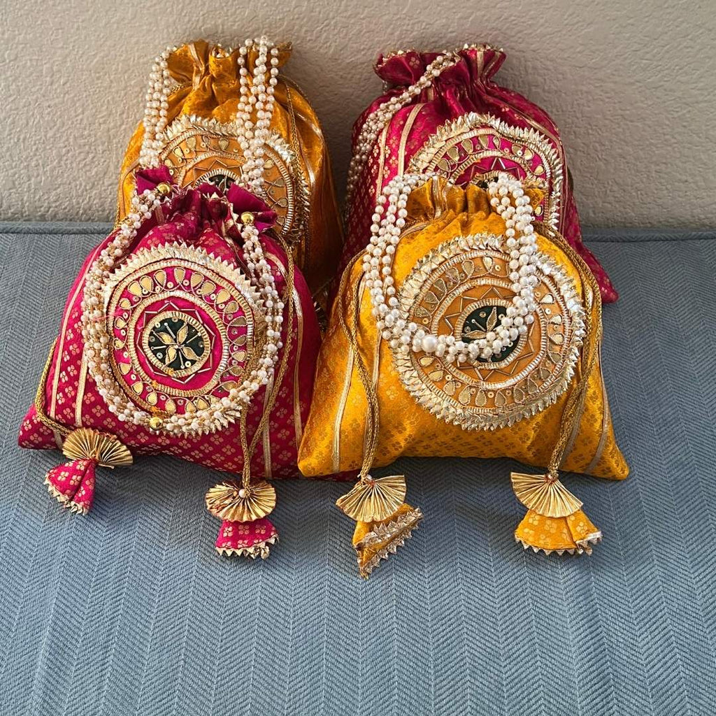 Pearl Potli Bags - Set of 2 Bandhani Pouches with Pearl Straps