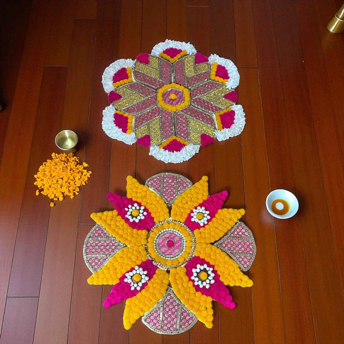 Rangoli Set with Pom Poms & Mirrors - Trishul or Hexagon