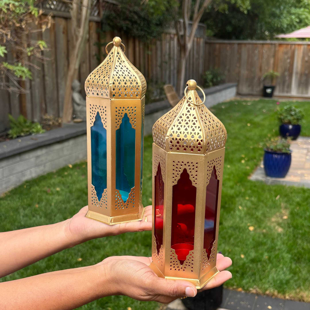 Moroccan Stained Glass Lantern - Set of 2, Red & Blue