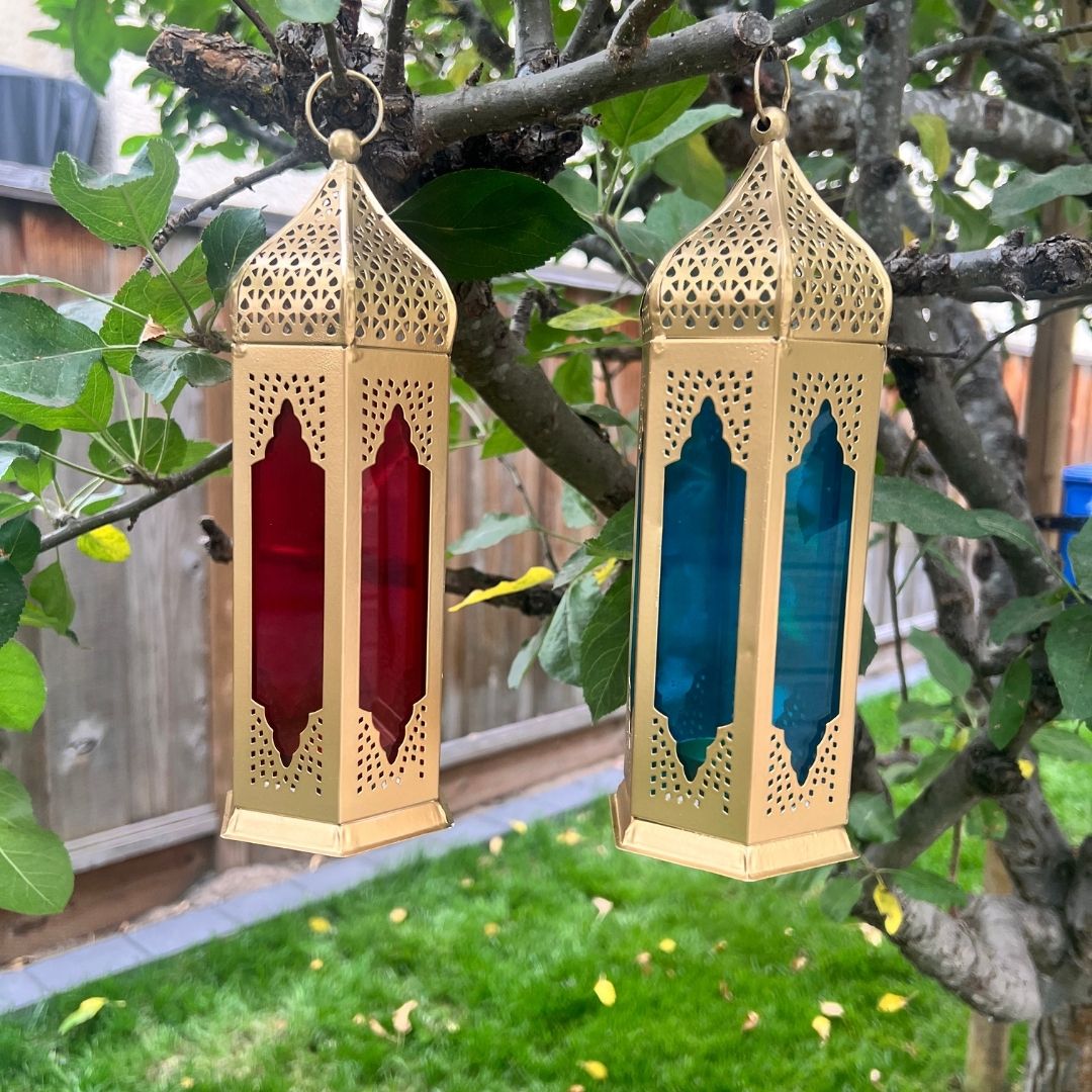 Moroccan Stained Glass Lantern - Set of 2, Red & Blue
