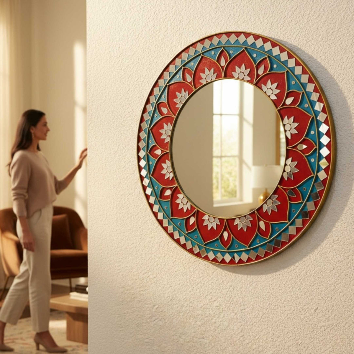 24-Inch Mandala Mirror Wall Art – Red & Teal Lotus