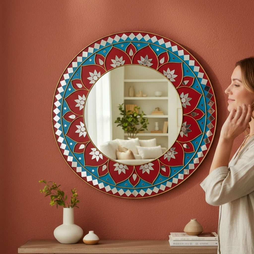 24-Inch Mandala Mirror Wall Art – Red & Teal Lotus