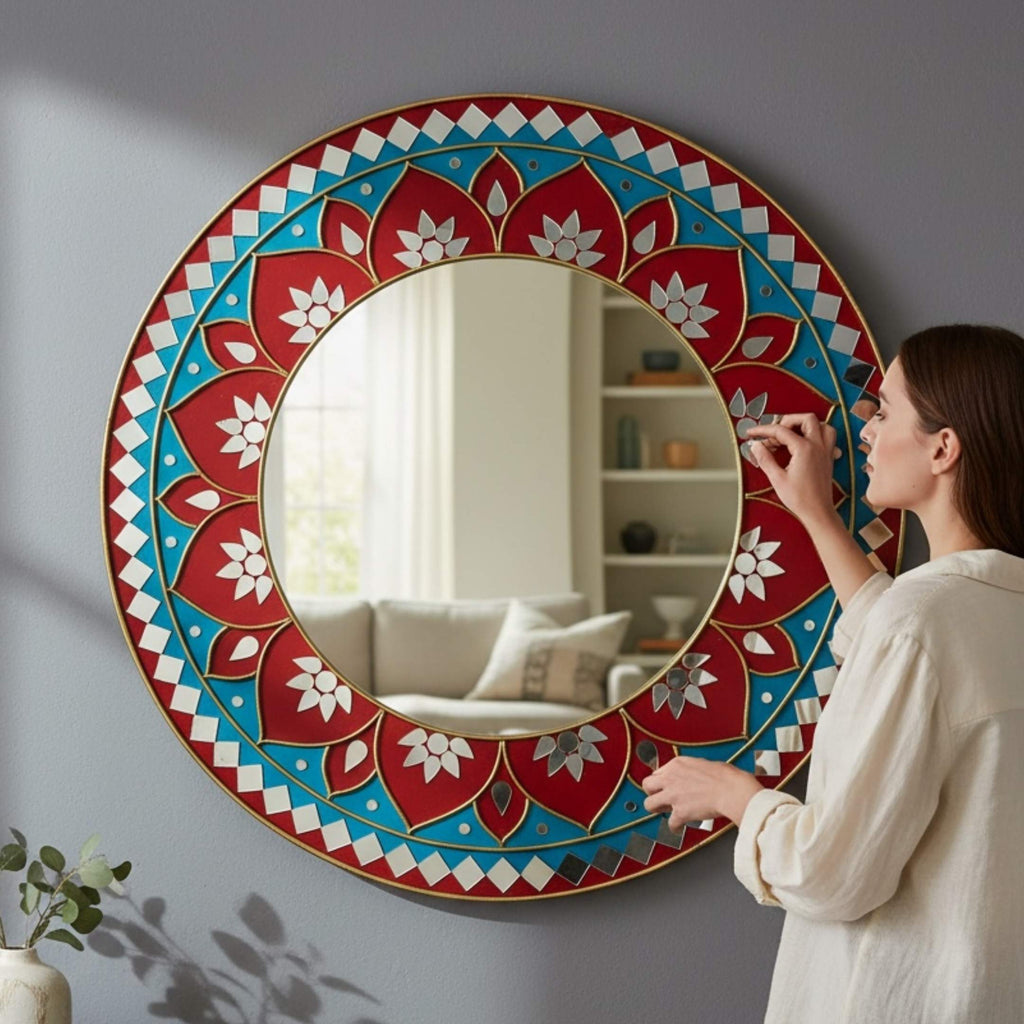 24-Inch Mandala Mirror Wall Art – Red & Teal Lotus