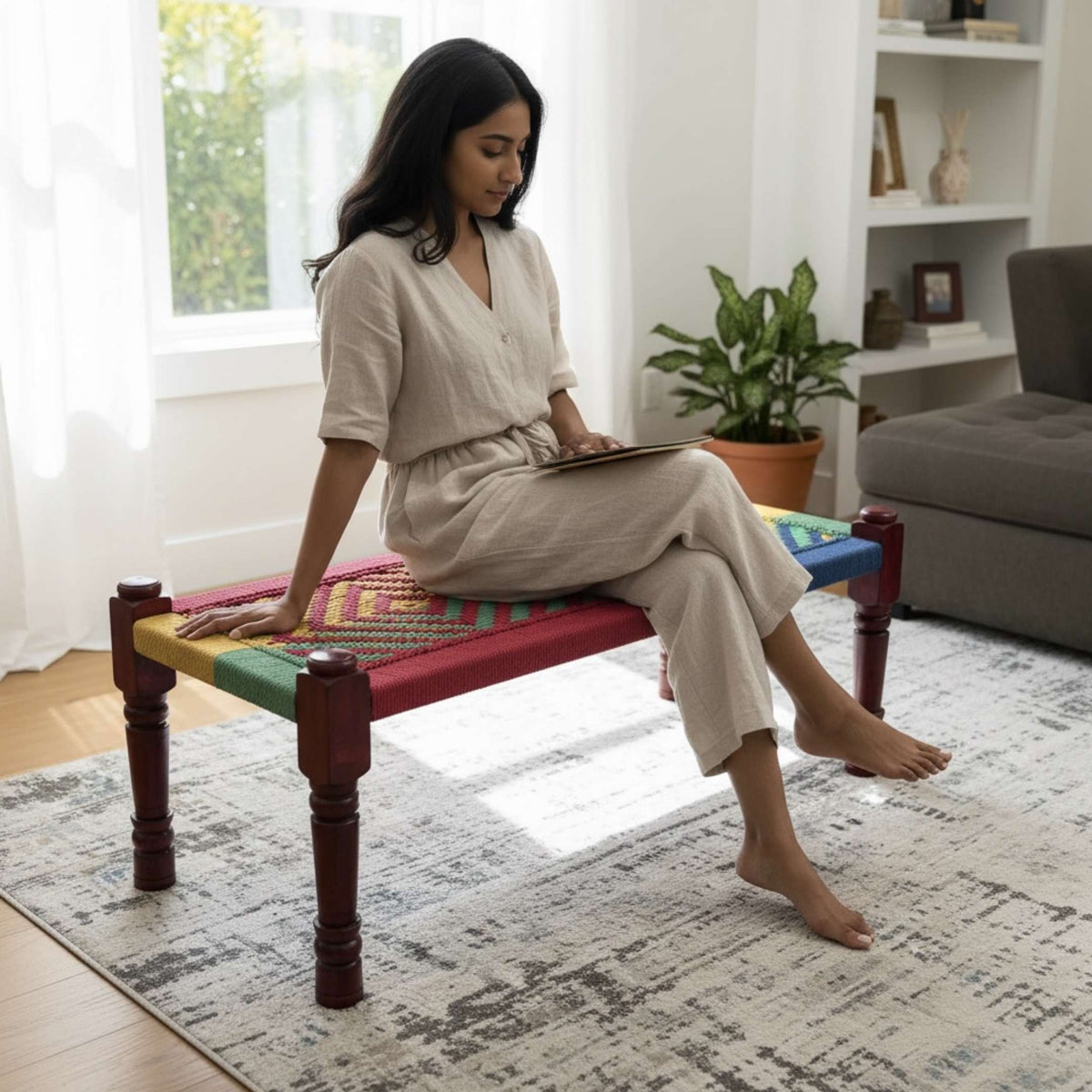 Charpai Bench & Stool - Handwoven Jute, Mango Wood