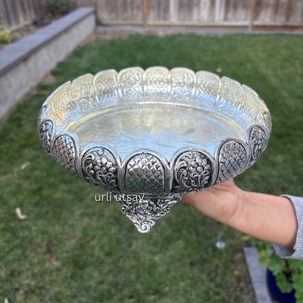 9-Inches Rose Engraved Bowl - Antique Silver Urli