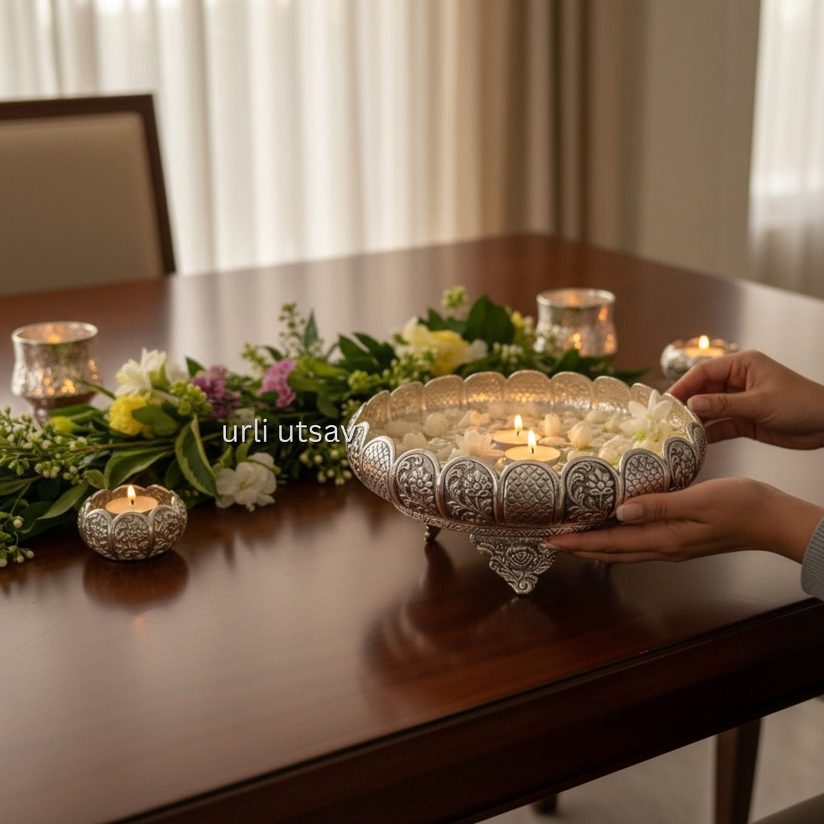 9-Inches Rose Engraved Bowl - Antique Silver Urli