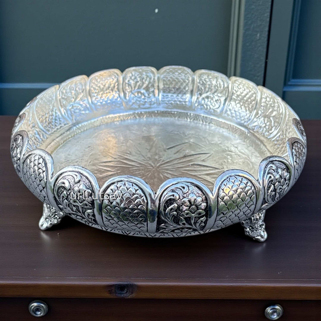 9-Inches Rose Engraved Bowl - Antique Silver Urli