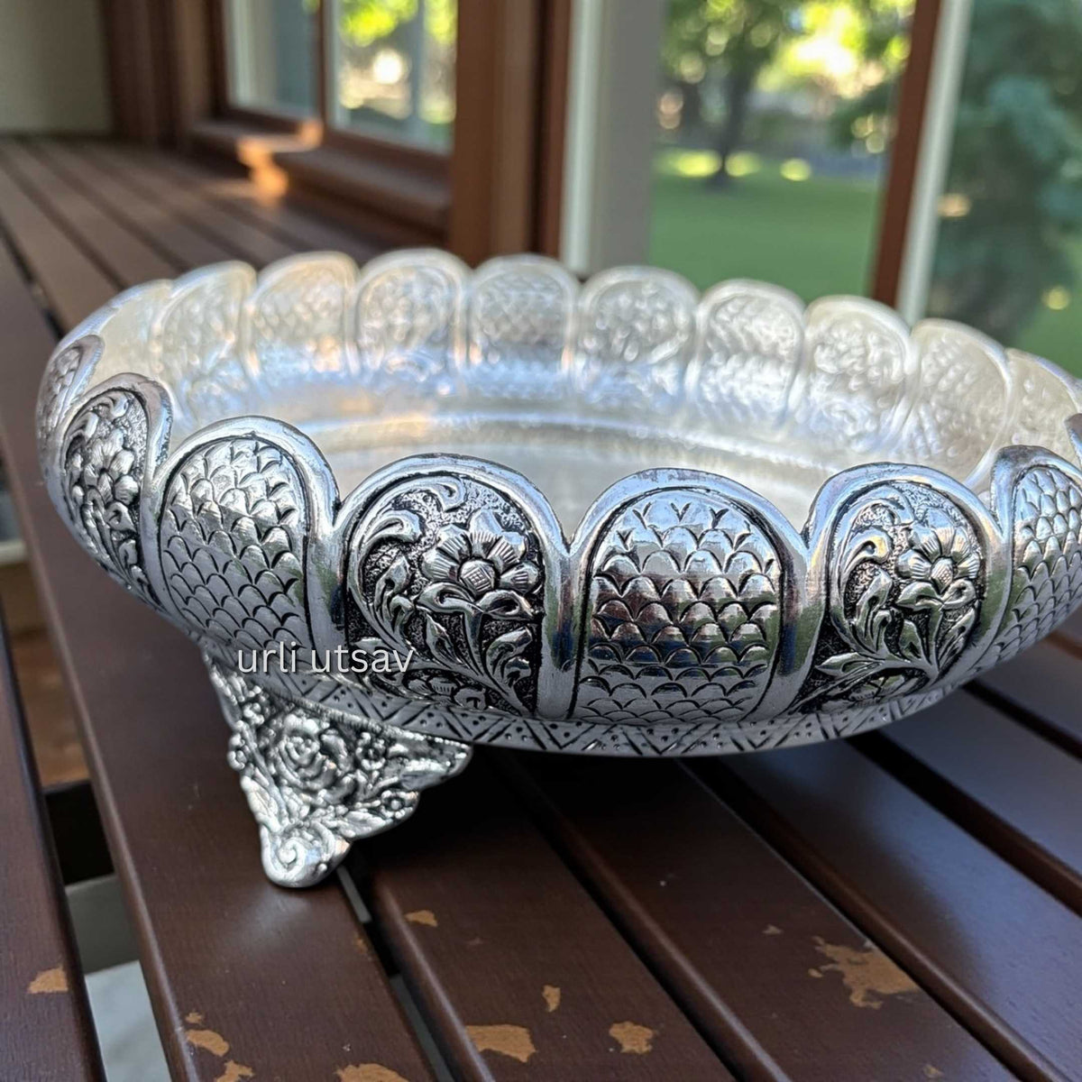 9-Inches Rose Engraved Bowl - Antique Silver Urli