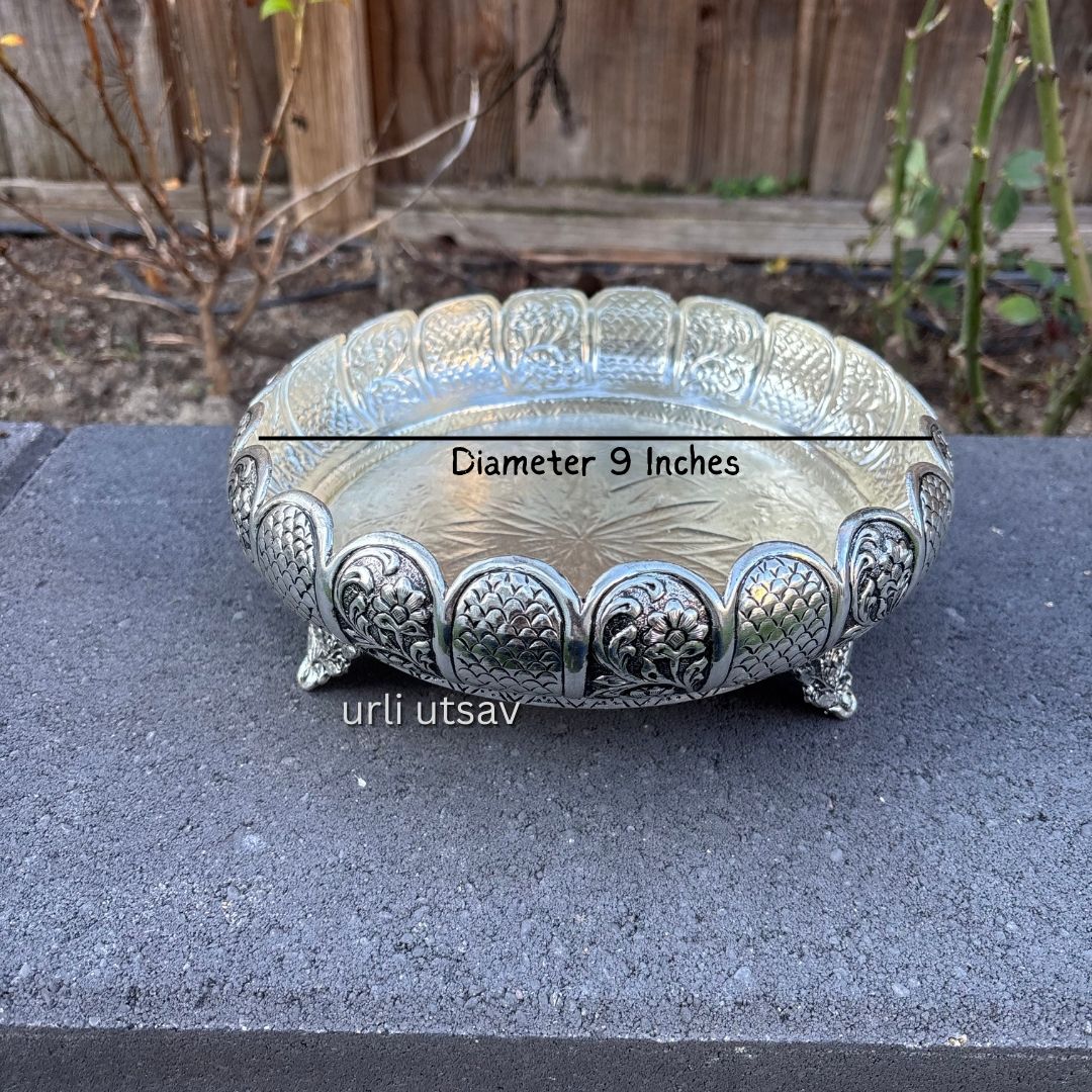 9-Inches Rose Engraved Bowl - Antique Silver Urli