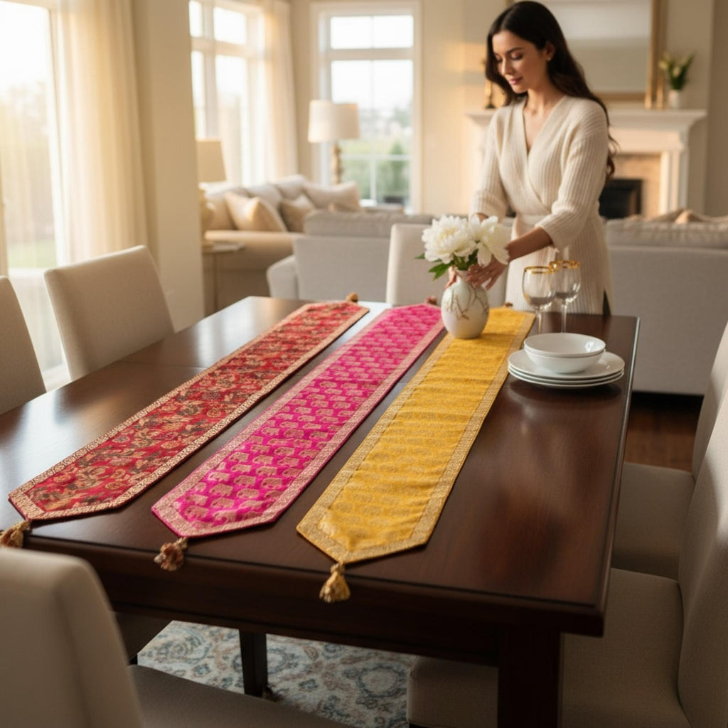 Silk Table Runner - Elephant & Floral, 78 or 108 Inch