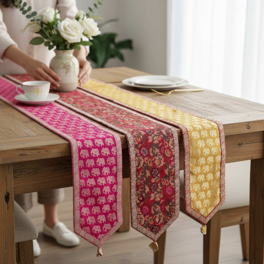 Silk Table Runner - Elephant & Floral, 78 or 108 Inch