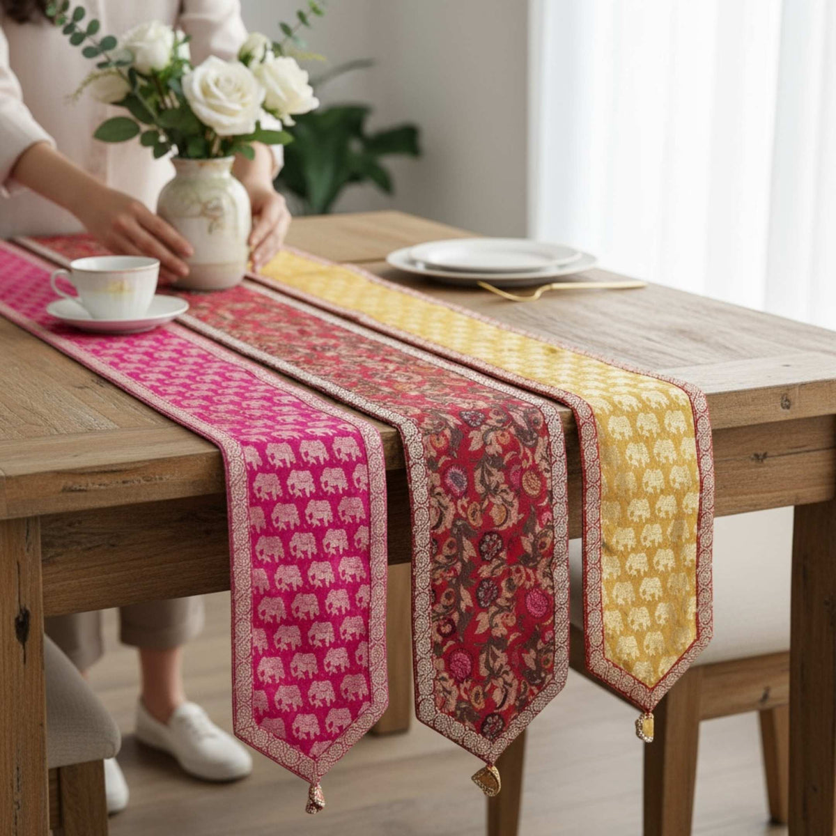 Silk Table Runner - Elephant & Floral, 78 or 108 Inch