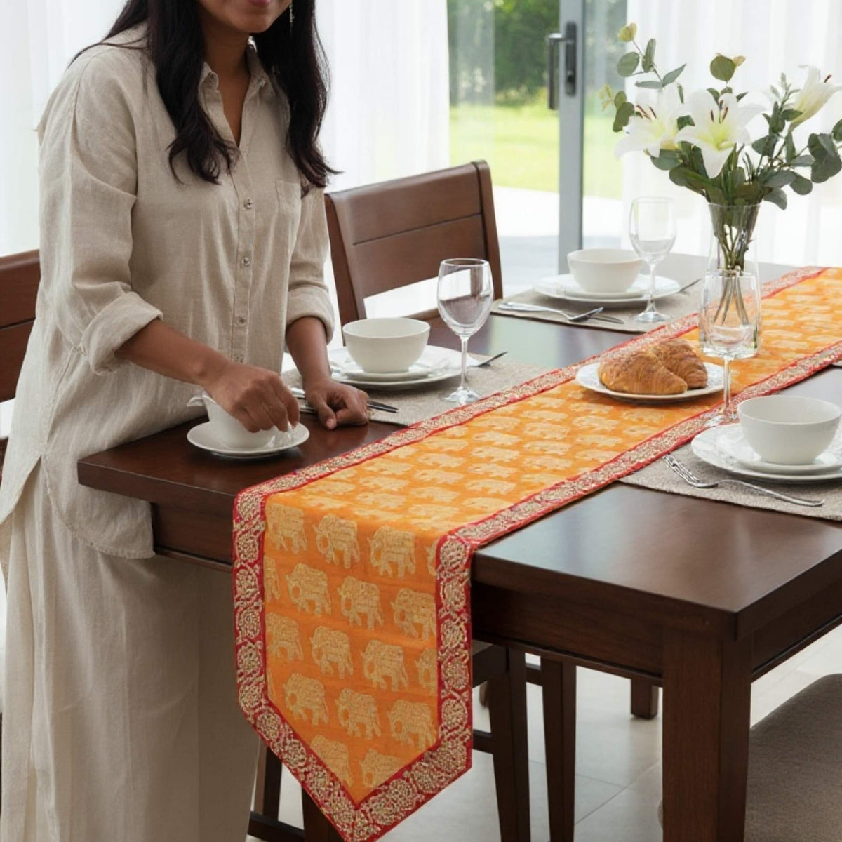 Silk Table Runner - Elephant & Floral, 78 or 108 Inch