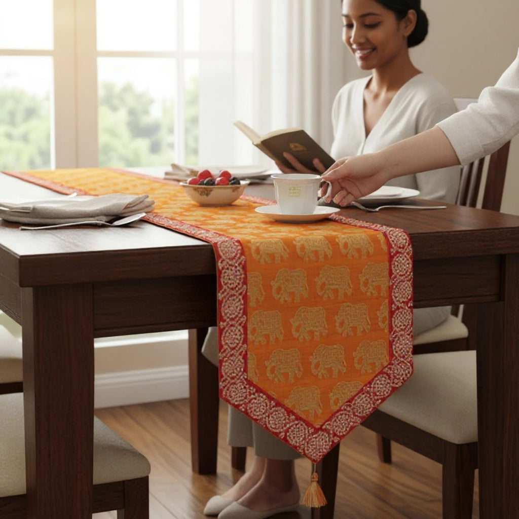 Silk Table Runner - Elephant & Floral, 78 or 108 Inch