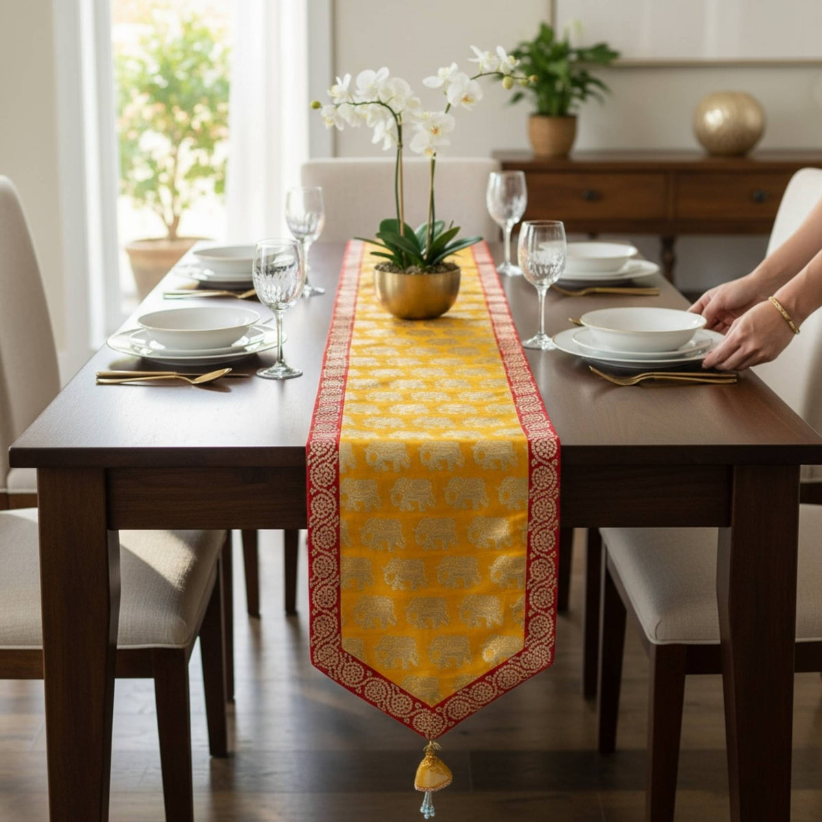 Silk Table Runner - Elephant & Floral, 78 or 108 Inch