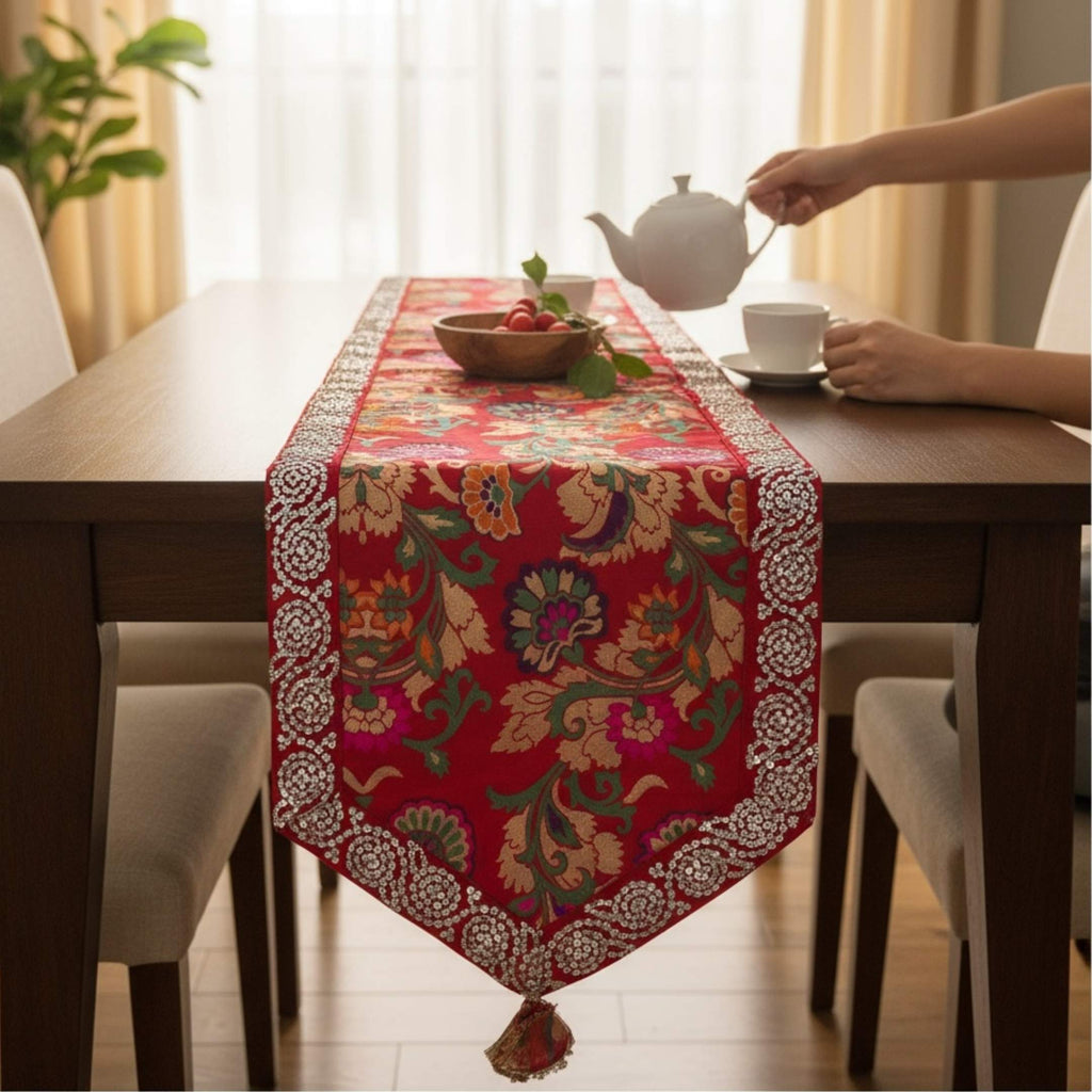 Silk Table Runner - Elephant & Floral, 78 or 108 Inch