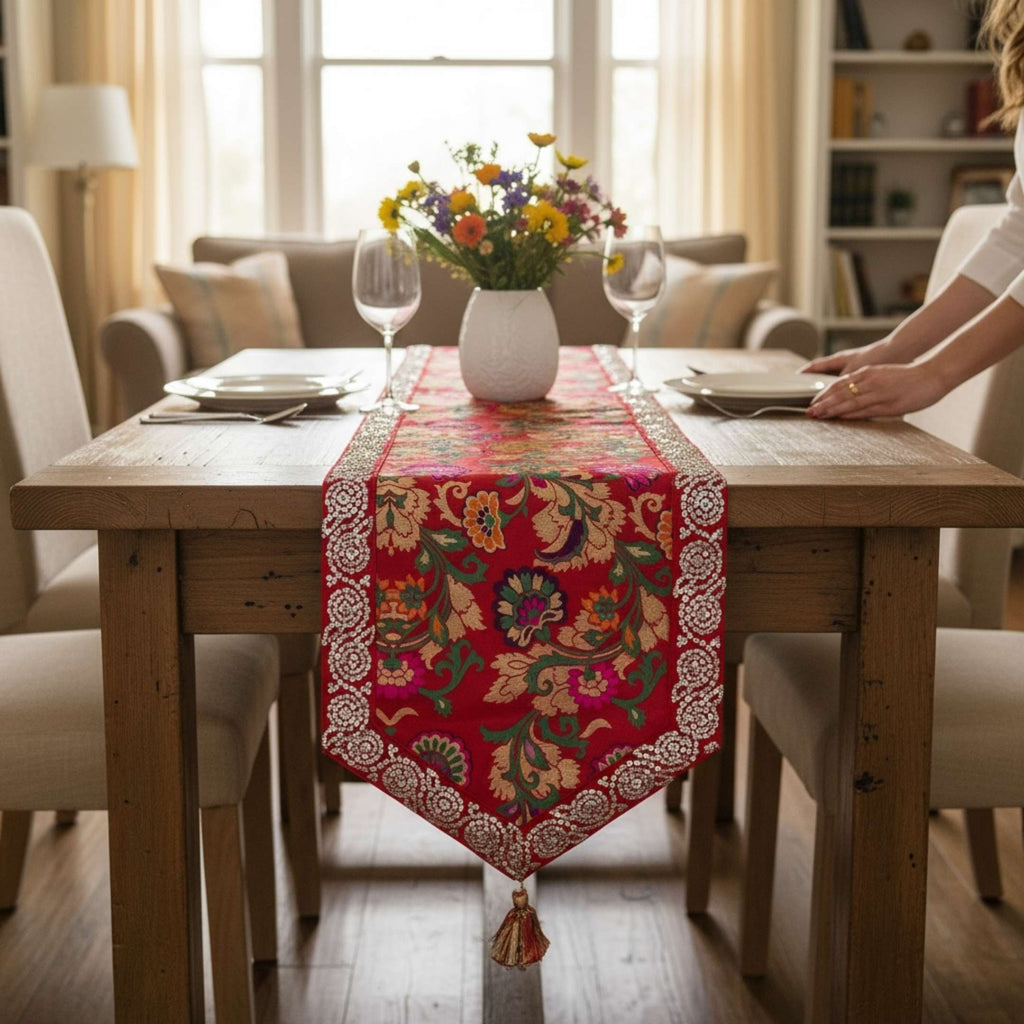 Silk Table Runner - Elephant & Floral, 78 or 108 Inch
