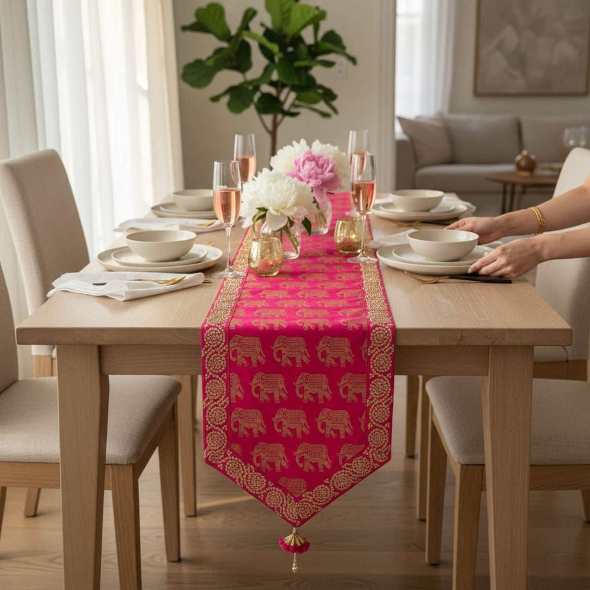 Silk Table Runner - Elephant & Floral, 78 or 108 Inch